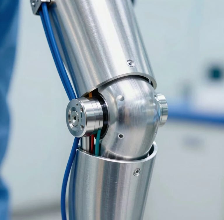 Macro detail shot of a brushed titanium exoskeleton knee joint, electric blue wiring, clean clinical studio lighting, hyper-focused depth of field, 50mm