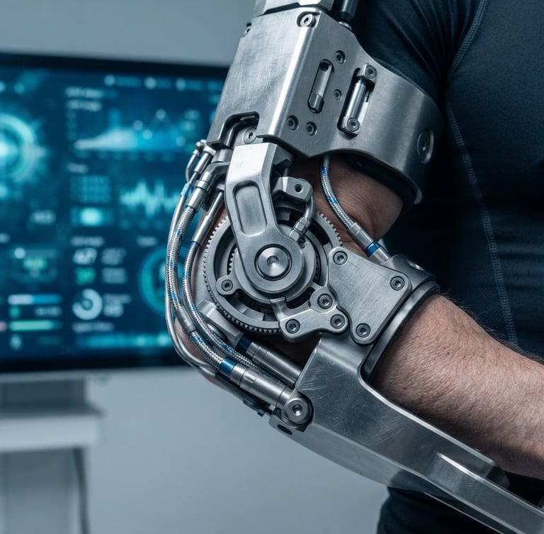 Macro detail of brushed titanium exoskeleton joint, high-resolution AI interface screen in background, crisp studio lighting, cool silver and blue tones, 50mm