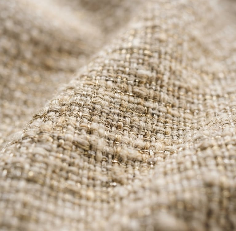 Close-up of premium cotton textile texture, soft morning window light, rich neutral tones with gold highlights, shallow depth of field, 35mm