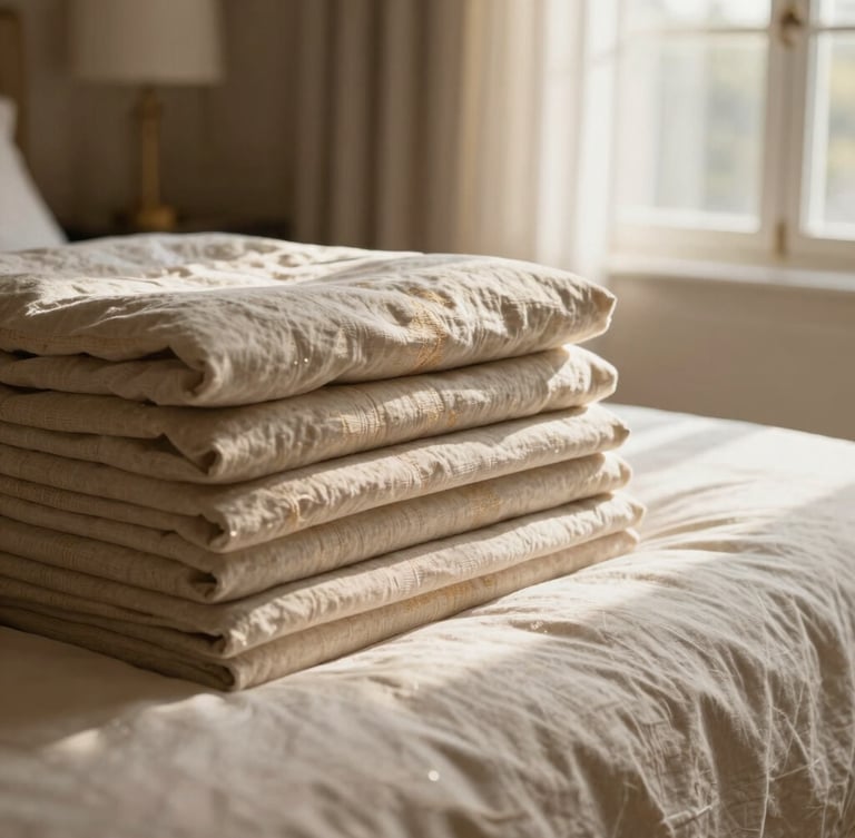 Beautifully styled luxury bed in natural light, folded linen stacks nearby, warm editorial photography, 35mm