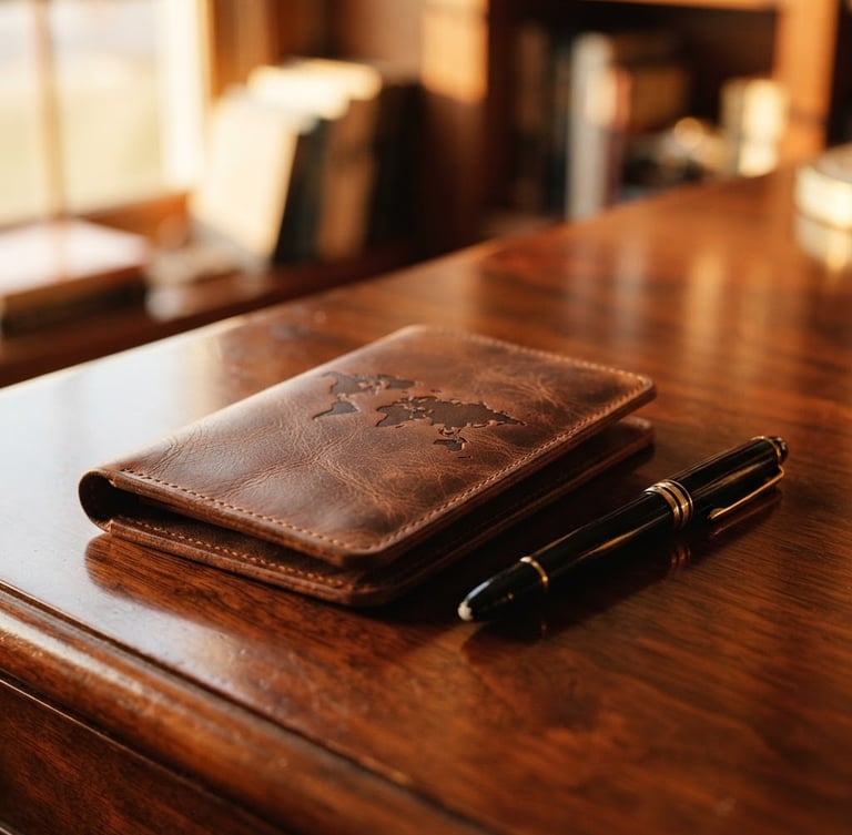 An elegant close-up of a premium leather passport holder beside a sleek fountain pen on a polished mahogany table, soft golden-hour window light.