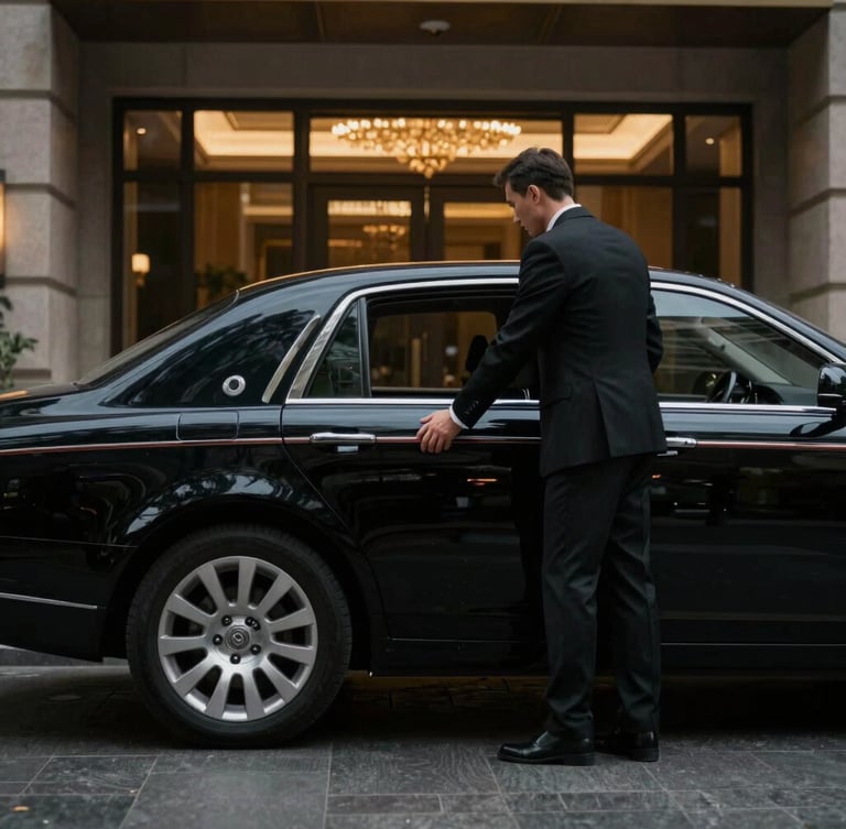 A professional chauffeur in a tailored suit, discreetly opening the rear door of a pristine black executive sedan, parked outside a modern embassy building, low-key dramatic lighting, portrait aspect.
