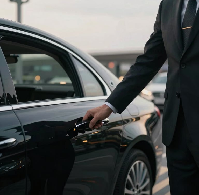 Professional chauffeur in a tailored dark suit opening the door of a black luxury sedan, blurred airport terminal in the background, soft overcast daylight, focus on the hand and vehicle door.