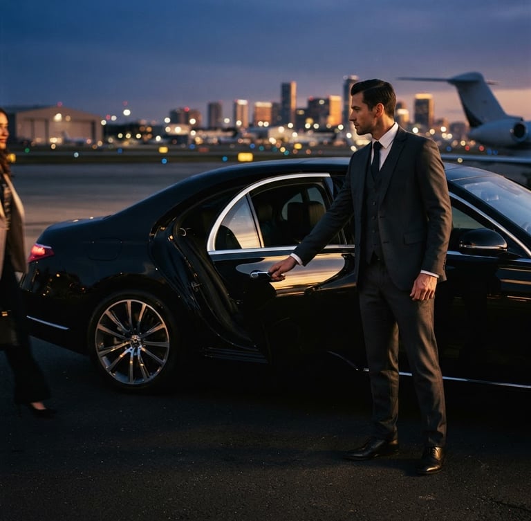A professional chauffeur in a tailored dark suit, holding open the rear door of a pristine black Mercedes S-Class, blurred airport tarmac and city lights in the background, low-key dramatic evening light, golden hour reflection on chrome.