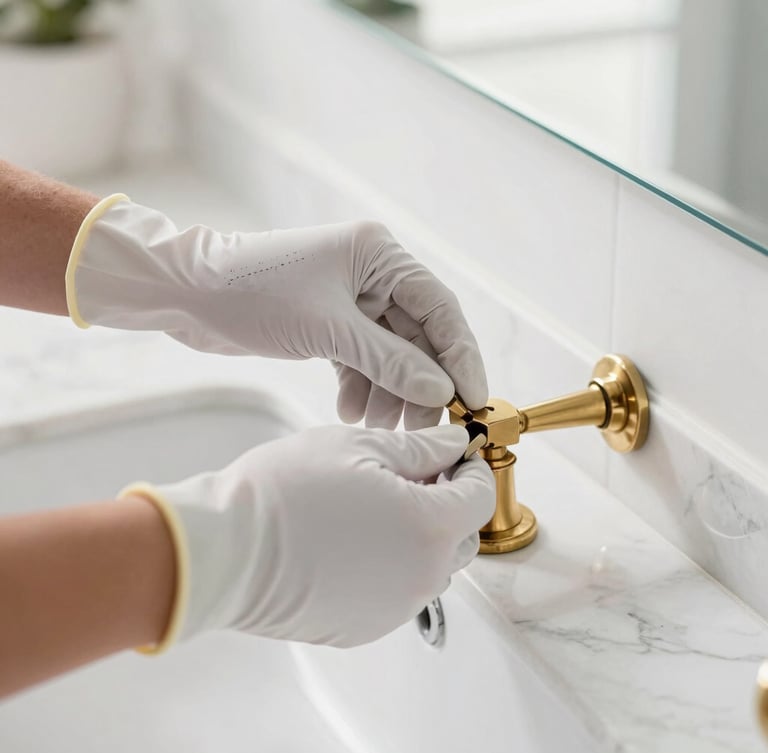 Close-up of professional gloved hands carefully detailing a brass fixture on a pristine marble vanity, bright natural daylight, crisp clean interior, 35mm lens