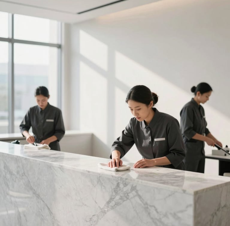 A professional commercial cleaner in a dark charcoal uniform carefully wiping a minimalist marble reception desk, soft natural morning light, architectural lines, 35mm lens.