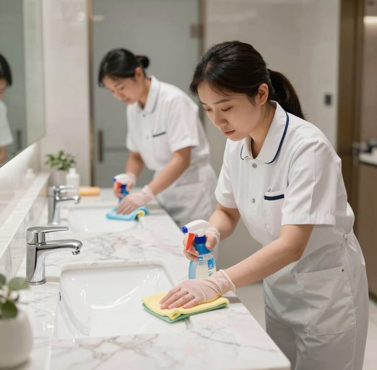 A focused professional cleaner in a crisp uniform wiping a polished marble vanity, soft natural light reflecting off the pristine surface, editorial commercial photography