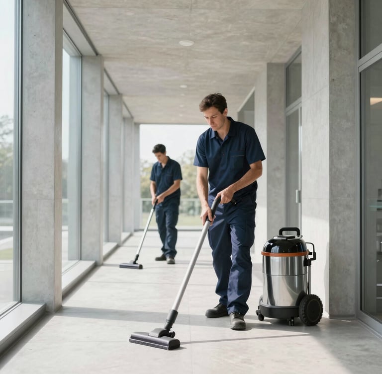 A professional cleaner vacuuming along the clean architectural lines of a minimalist concrete and glass hallway, bright morning light casting soft shadows.