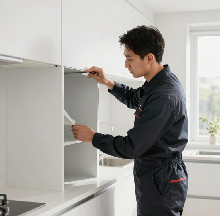 A professional cleaner in a tailored dark uniform meticulously detailing a minimalist kitchen fixture, bright natural daylight, crisp clean interior, 35mm lens