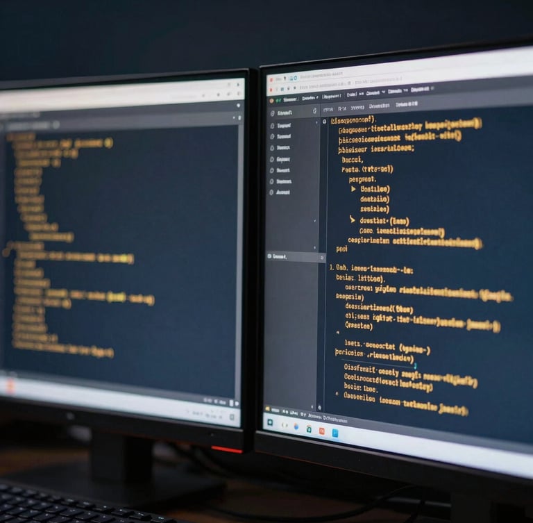 Close-up of dual monitors displaying structural data and terminal code, cool crisp studio light with gold-toned highlights, sharp focus