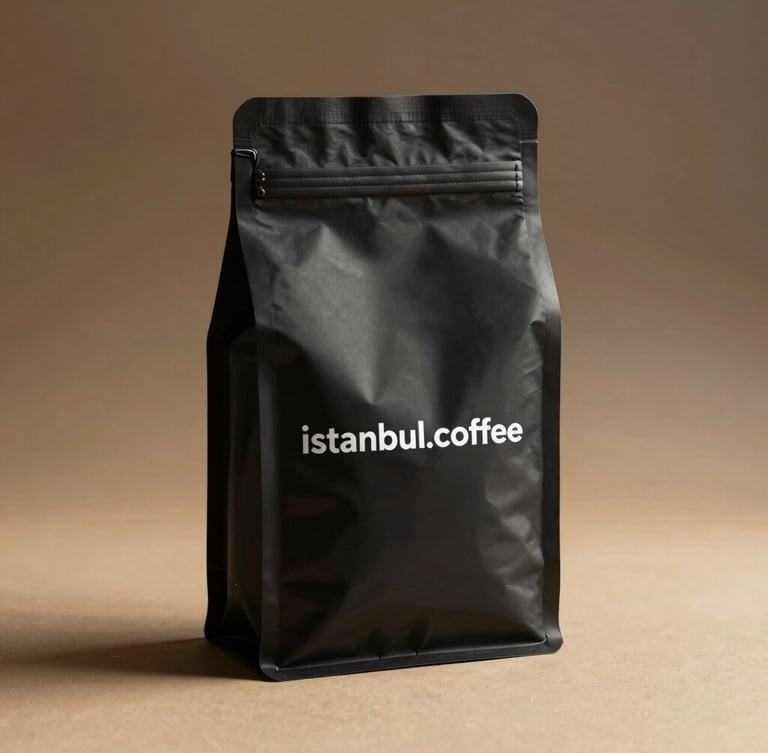 Minimalist mockup of the domain name istanbul.coffee printed on a high-end matte black coffee bag, warm side lighting, rich shadows, elegant editorial setting