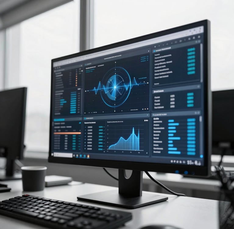 Cool-toned editorial macro photography of a high-tech workspace screen displaying live data dashboards, sharp office window light, high-contrast desaturated tones with electric blue accents, 35mm lens.