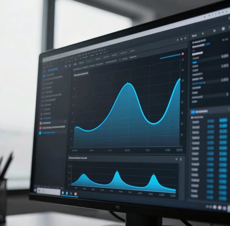 Cool-toned editorial macro shot of a developer's screen showing abstract data curves and conversion velocity charts, sharp office window light, high-contrast desaturated tones with electric blue accents, 35mm lens