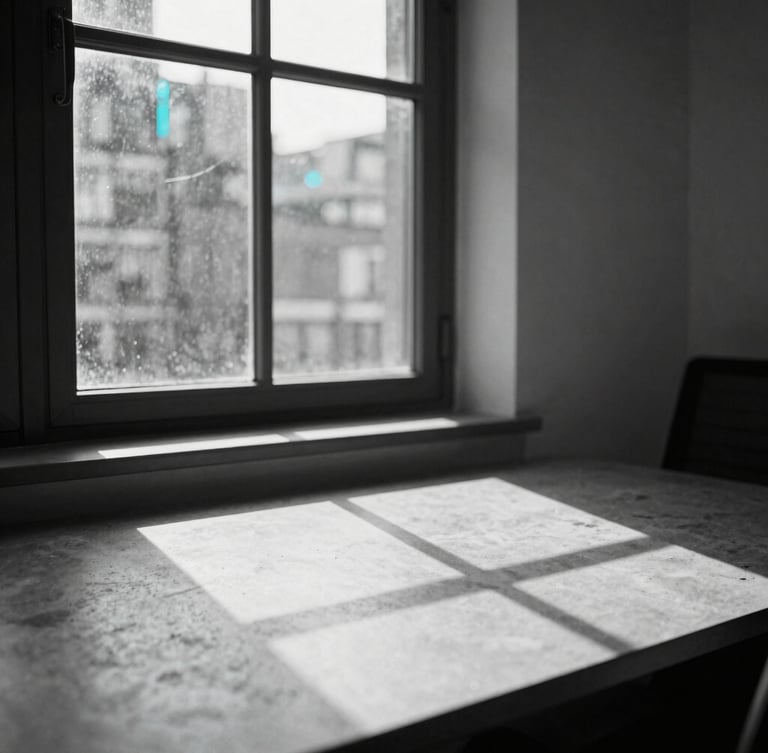 Cool-toned editorial portrait photography of a modern workspace window in London, sharp geometric shadows cast on a concrete desk, desaturated tones with subtle electric blue highlights, 35mm lens.