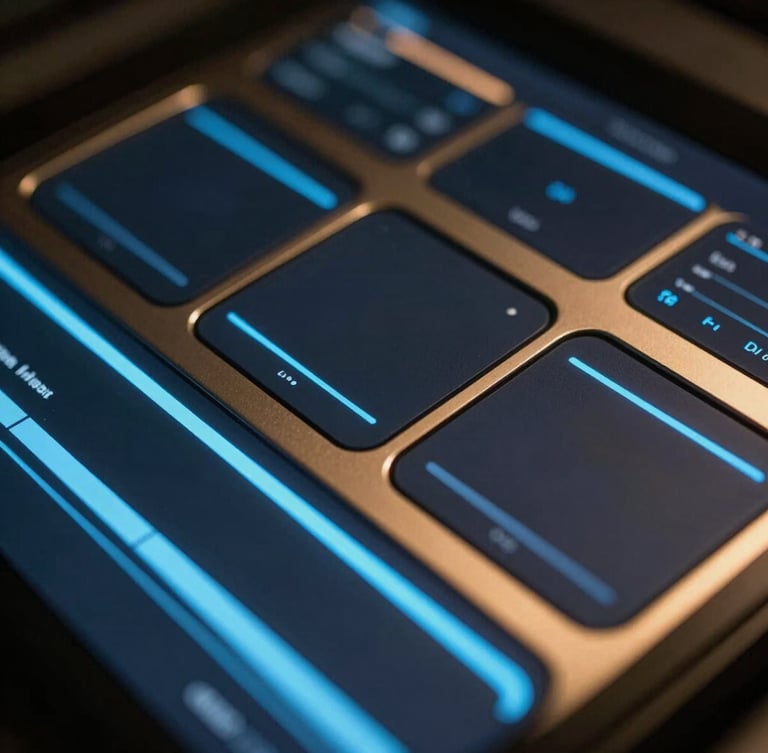 Macro close-up of high-fidelity dark UI dashboard panels, glowing neon blue accents, metallic gold framing, cinematic lighting