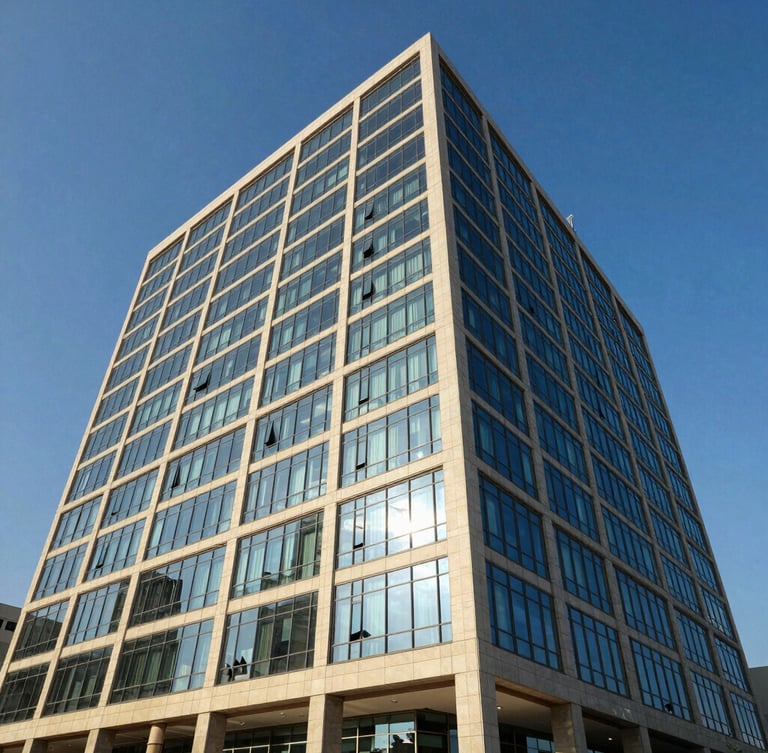 Wide-angle architectural shot of a modern corporate office building in Dakar, clean glass facade reflecting bright West African sunlight, deep blue sky, professional corporate aesthetic