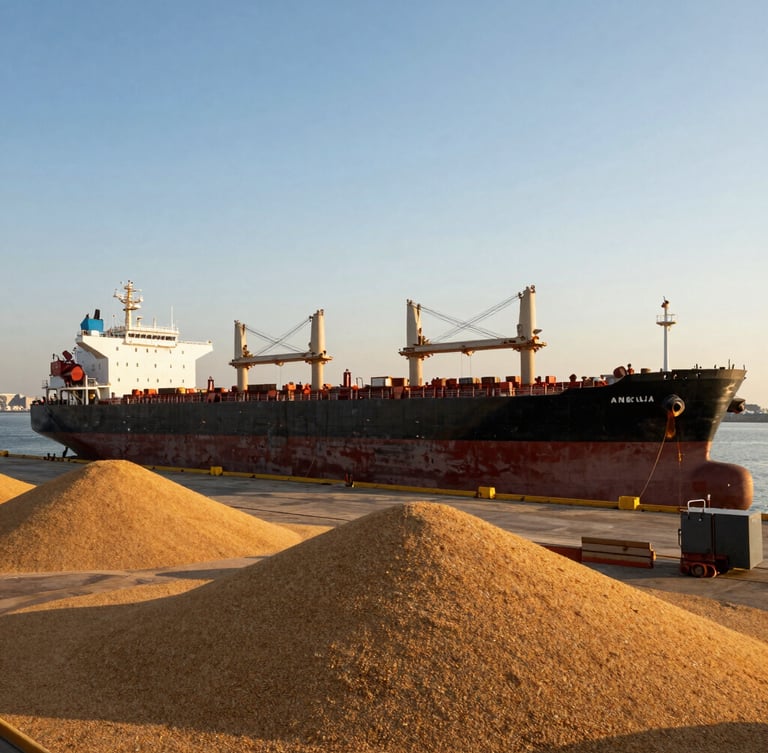 Wide panoramic shot of a massive bulk carrier vessel loading grain at a sunlit Turkish maritime terminal, high contrast golden hour lighting, crane structures in background.