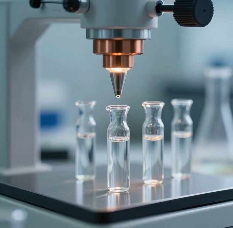 Macro technical shot of high-precision chemical laboratory testing, clear glass vials with liquid samples, blue and copper industrial lighting, focus on scientific precision and quality verification.