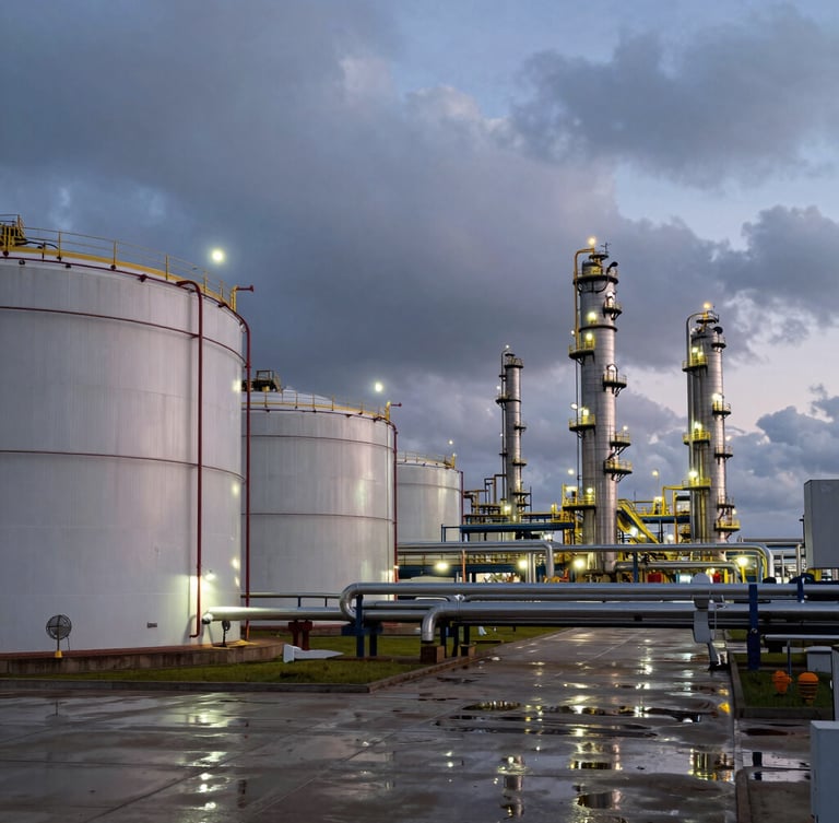 Wide environmental shot of a modern coastal oil refinery at dusk, massive steel storage tanks on the left, intricate pipeline networks, dramatic overcast sky with technical sodium-vapor lighting reflecting on wet concrete.