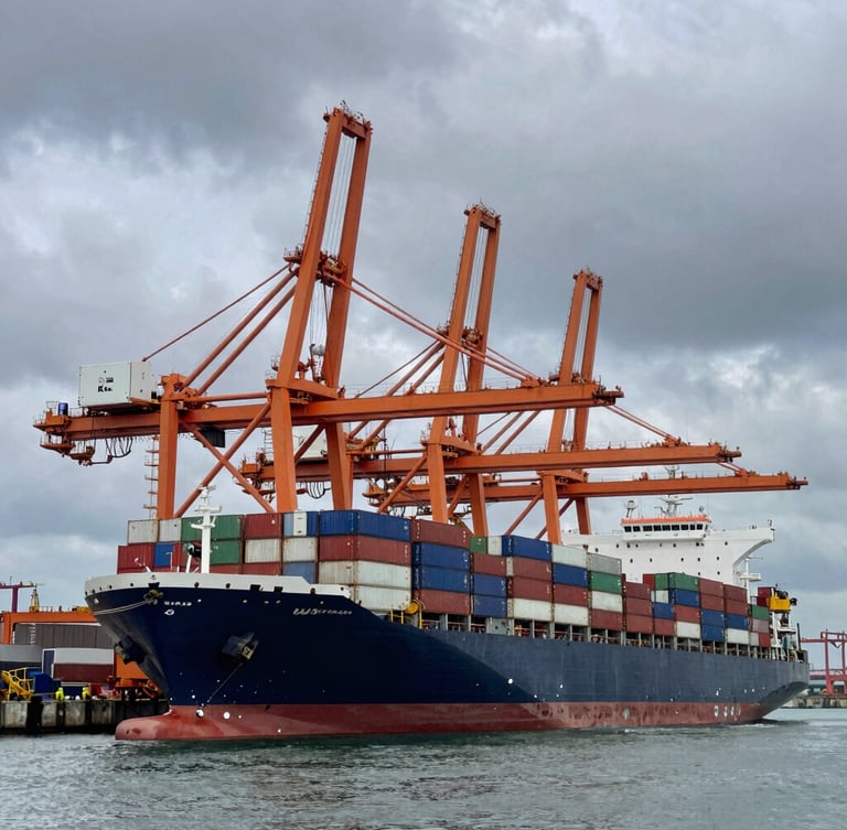 Wide-angle high-contrast shot of a massive container vessel docked at a modern industrial port, giant orange gantry cranes loading cargo under a dramatic overcast maritime sky.