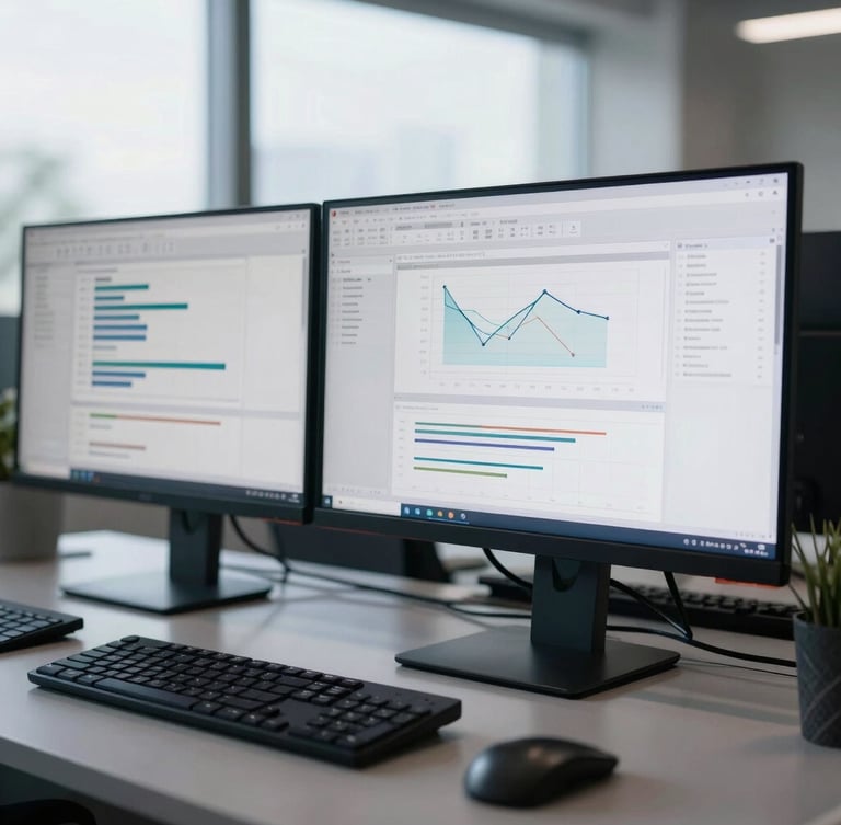 An analytical workspace with a multi-monitor setup displaying clean charting software, cool diffused office daylight, professional editorial style.