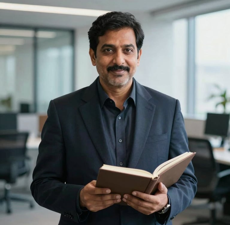 A professional portrait of Kamal Sandhu in a modern, cool-toned office setting, holding a physical notebook, soft natural light, shallow depth of field.