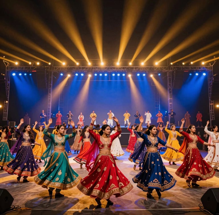 Vibrant festival crowd dancing Garba under grand stage lights, dynamic motion, colorful traditional attire, high-contrast dramatic concert lighting, wide-angle 35mm