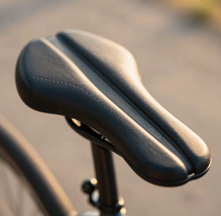 Macro close-up of a premium weatherproof RealSeat bicycle saddle showing plush cushioning and clean stitching, warm natural sunlight, shallow depth of field