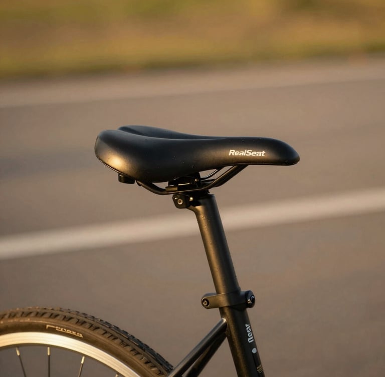 Close-up of a RealSeat comfort bicycle seat mounted on a hybrid commuter bike, warm natural golden-hour sunlight, rich authentic colors, shallow depth of field