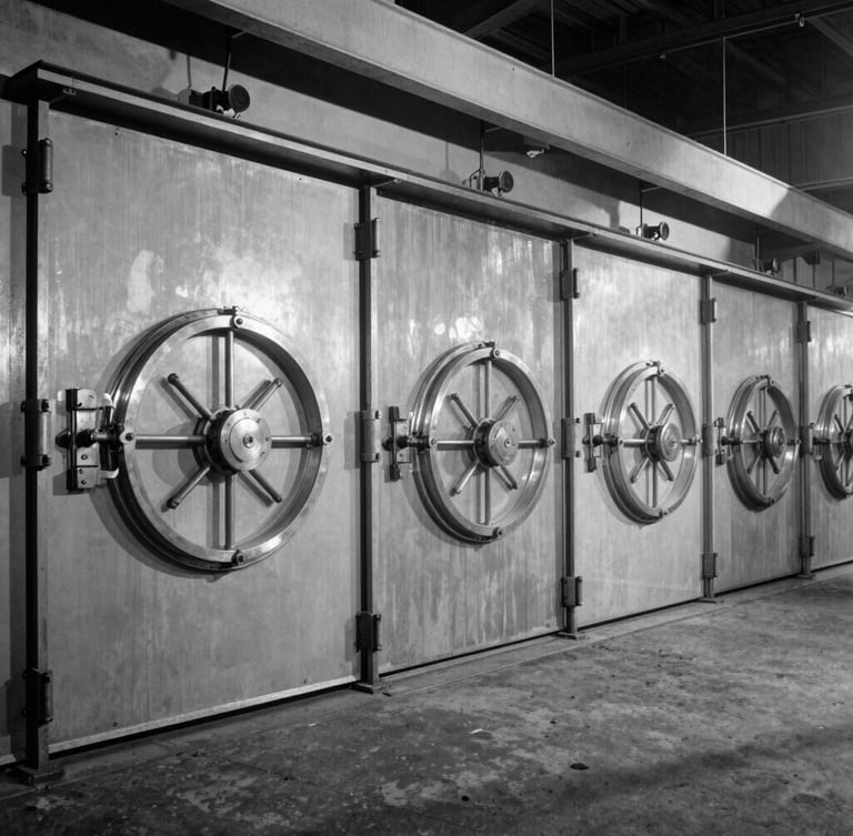 Historic black and white archival photograph of early 20th-century industrial refrigeration machinery, cold storage vault doors, dramatic shadows, 35mm