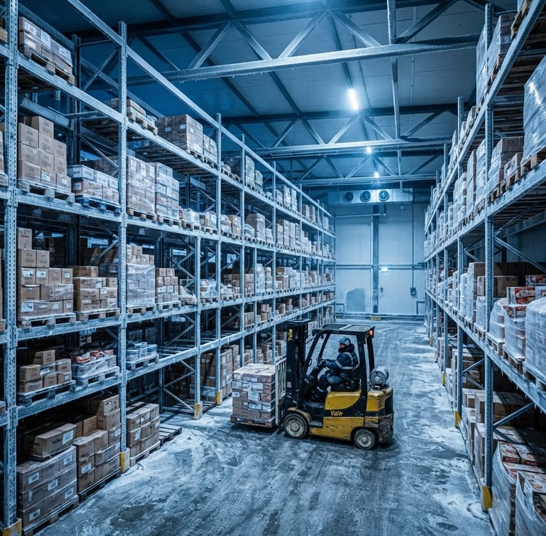 industrial commercial photography, cool blue and steel-gray tones, crisp high-contrast lighting, wide-angle lens, sharp details, 35mm. Subject: Massive industrial freezer interior with frost-rimed steel shelving and temperature-critical cargo, cool-toned crisp blue lighting.