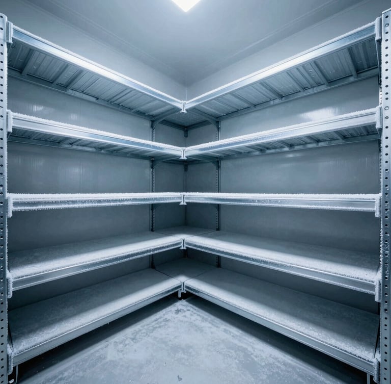 Wide-angle industrial commercial photography of a massive modern sub-zero freezer interior, frost-rimed steel shelving, cool blue and steel-gray tones, crisp high-contrast lighting, sharp details