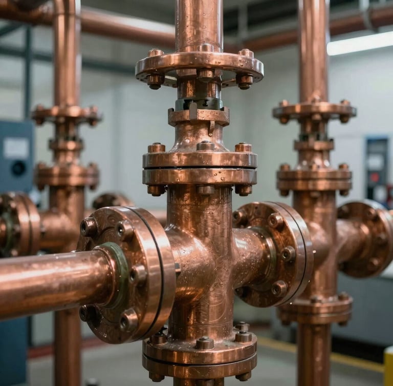 Macro close-up of heavy-duty copper piping and industrial valves inside a chilled water plant, high-contrast clean lighting.