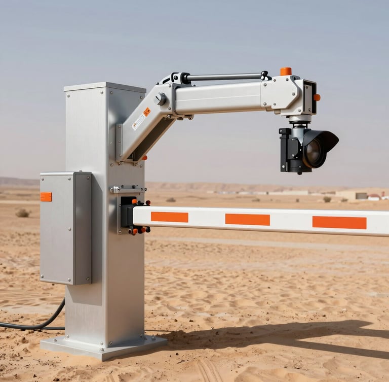 Orthographic technical shot of a heavy-duty automated security barrier arm in high-contrast desert daylight, clean steel housing, safety orange accents.