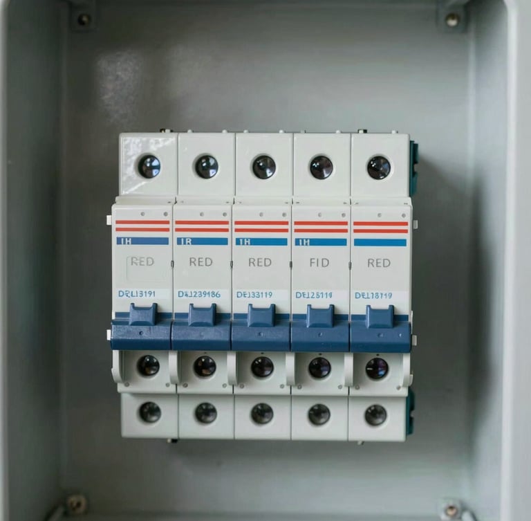 Orthographic macro shot of industrial circuit breakers and switches mounted inside a clean steel electrical panel, bright direct technical lighting, high contrast.