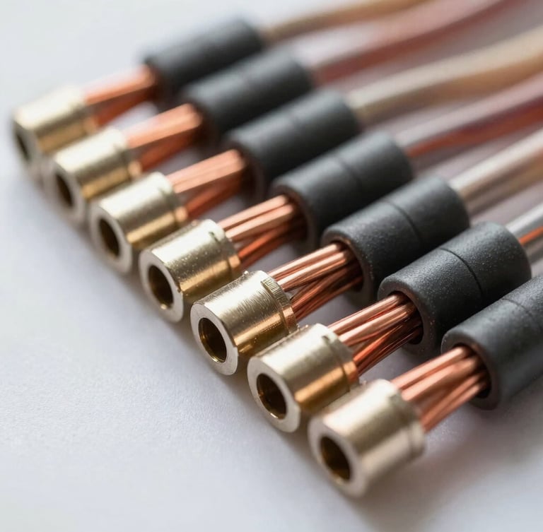 Macro close-up of heavy-duty copper wiring cables and technical connectors arranged in a precise, clean row, bright industrial lighting