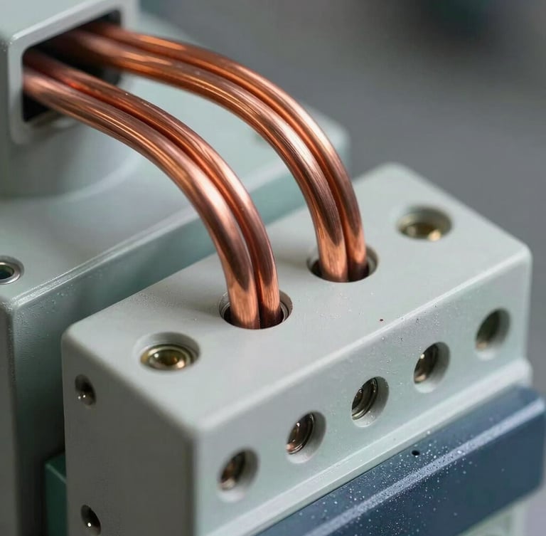 Isometric close-up of heavy-duty copper wiring bundles and industrial circuit breakers, technical architectural lighting, sharp focus on metallic textures.