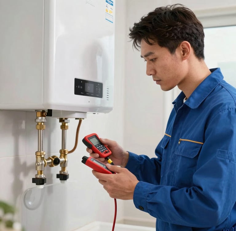 Medium shot of a professional plumber in a clean blue uniform analyzing a modern water heater with diagnostic tools, bright utility lighting, high-contrast composition.