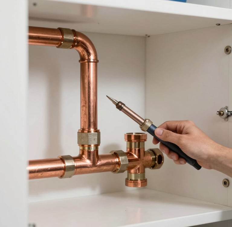 Pristine copper pipe connections in a modern residential utility closet, bright daylight illumination, crisp focus on professional soldering.
