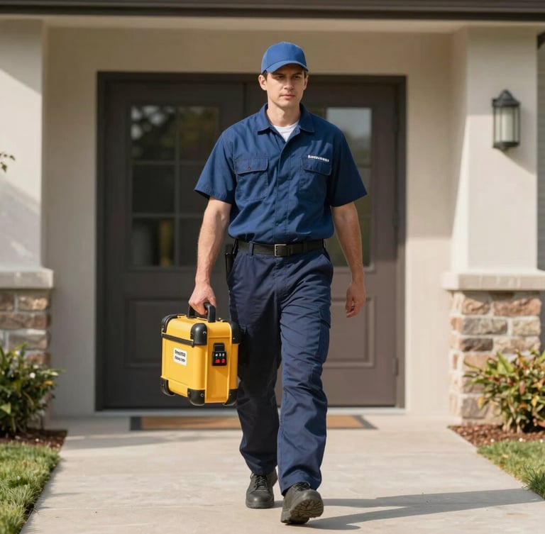 Medium shot of a clean, uniformed Same Day Plumbing technician carrying professional diagnostic tools, walking toward a modern residential entrance under bright morning daylight.