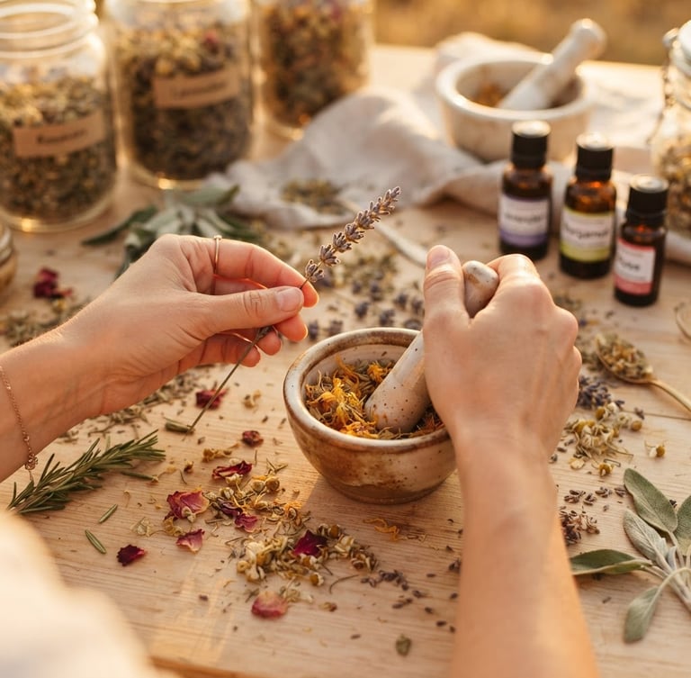 Vue rapprochée de mains préparant des ingrédients botaniques pour des cosmétiques, dans une lumière douce de fin de journée, sur une table en bois clair, avec des herbes séchées et des huiles essentielles en arrière-plan.