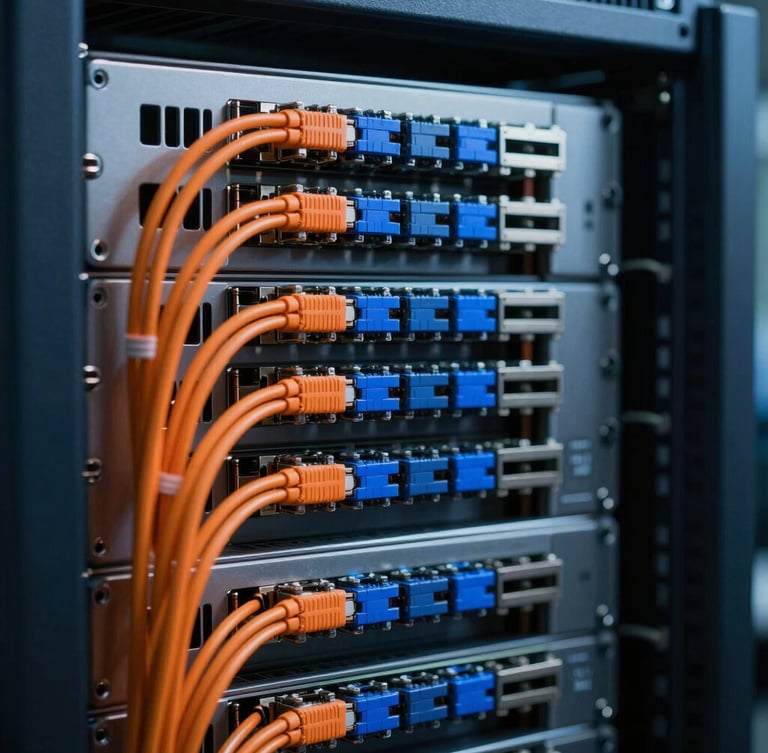 Tight macro shot of a physical server rack with perfectly organized, clean safety-orange and deep blue ethernet cabling, cool low-key ambient lighting, high-end engineering environment.