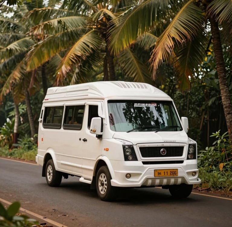 A clean, premium white passenger van parked along a quiet, tree-lined road in Kerala, dappled sunlight filtering through coconut leaves, warm editorial feel.