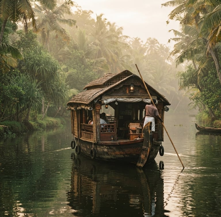 A close-up of a traditional wooden houseboat gliding silently through narrow, palm-fringed backwater channels in Kumarakom, soft morning mist, warm diffused golden light.