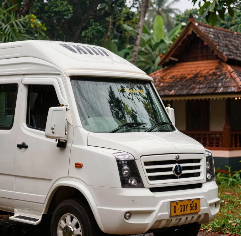 Close-up of a premium, polished luxury transport vehicle parked beside a traditional Kerala heritage resort, soft diffused monsoon light, rich green foliage.