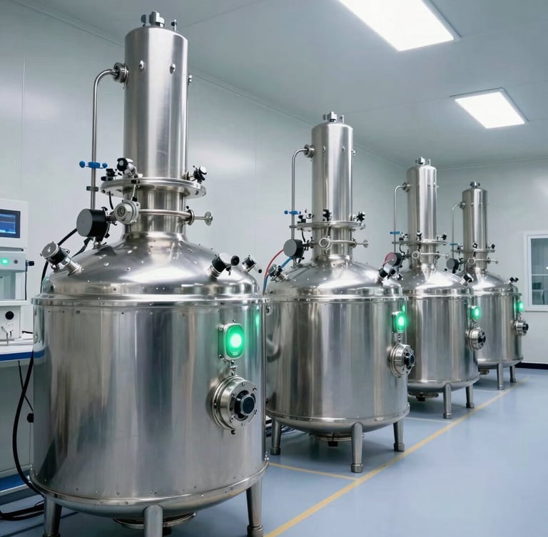 Architectural wide shot of a sterile biotech cleanroom, stainless steel bioreactors with glowing green status lights, precise cabling, cool clinical white lighting.