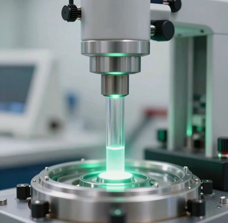 Macro close-up of a chemical reaction chamber, cool-toned crisp white lighting with subtle emerald-green ambient glow, high-precision scientific instruments
