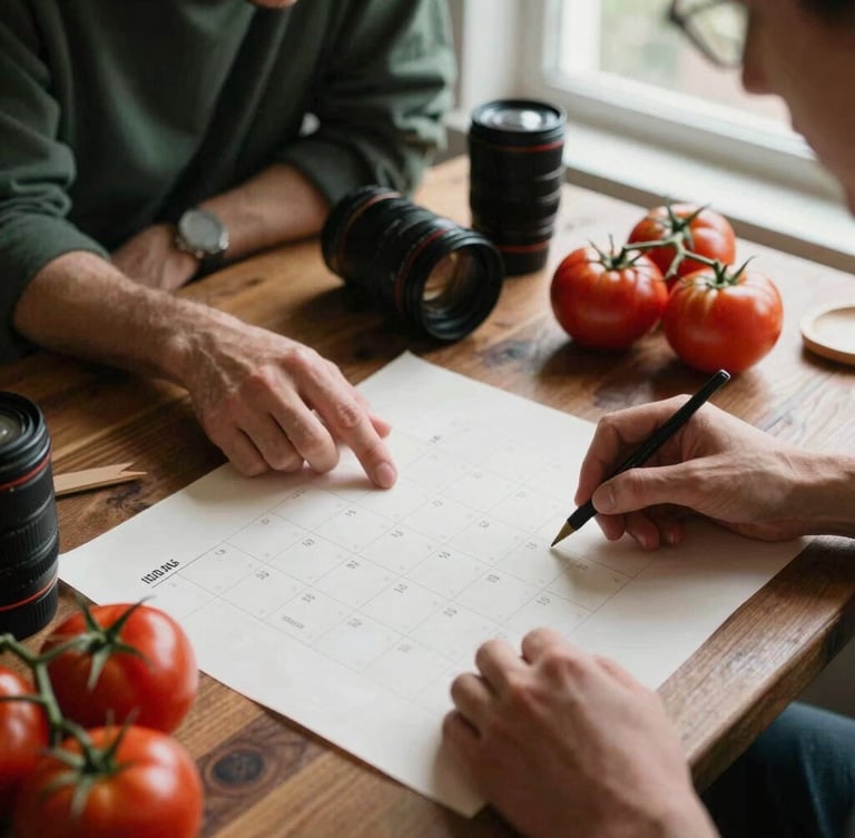 Overhead shot of a creative team planning a restaurant social calendar on parchment paper, camera lenses, fresh tomatoes, and rustic tablespace, soft side lighting, 35mm film style