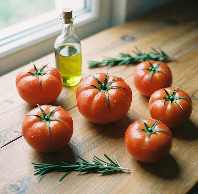 Overhead flat-lay of a rustic wooden tablescape with fresh heirloom tomatoes, olive oil, and rosemary, soft north-facing window light, rich crimson tones, 35mm film.
