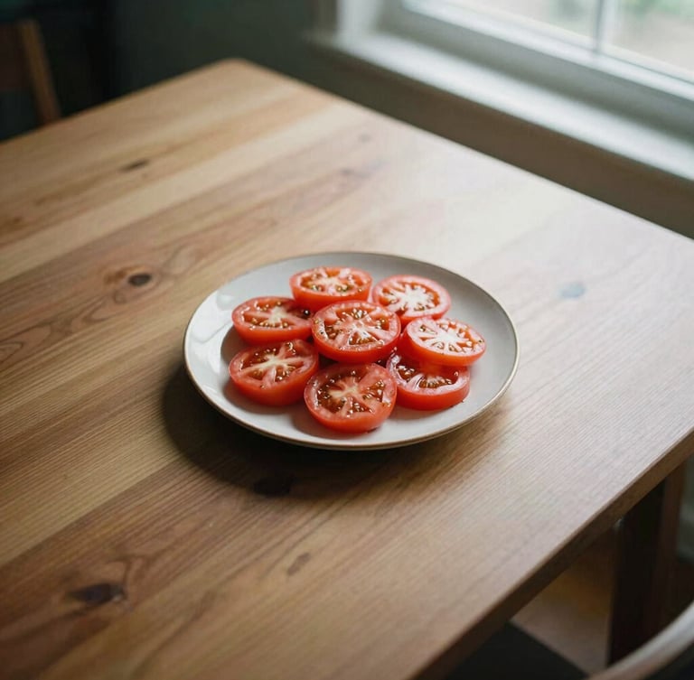 Overhead flat-lay of a minimalist Scandinavian-style wooden dining table, a single ceramic plate with high-contrast heirloom tomato salad, soft side light from a north-facing window, rich shadows, 35mm film style.